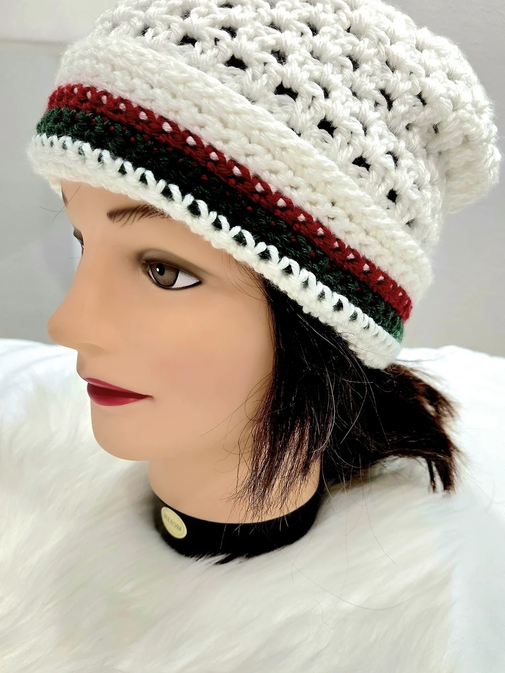 Handmade Cream Crochet Beanie with Red & Green Stripe